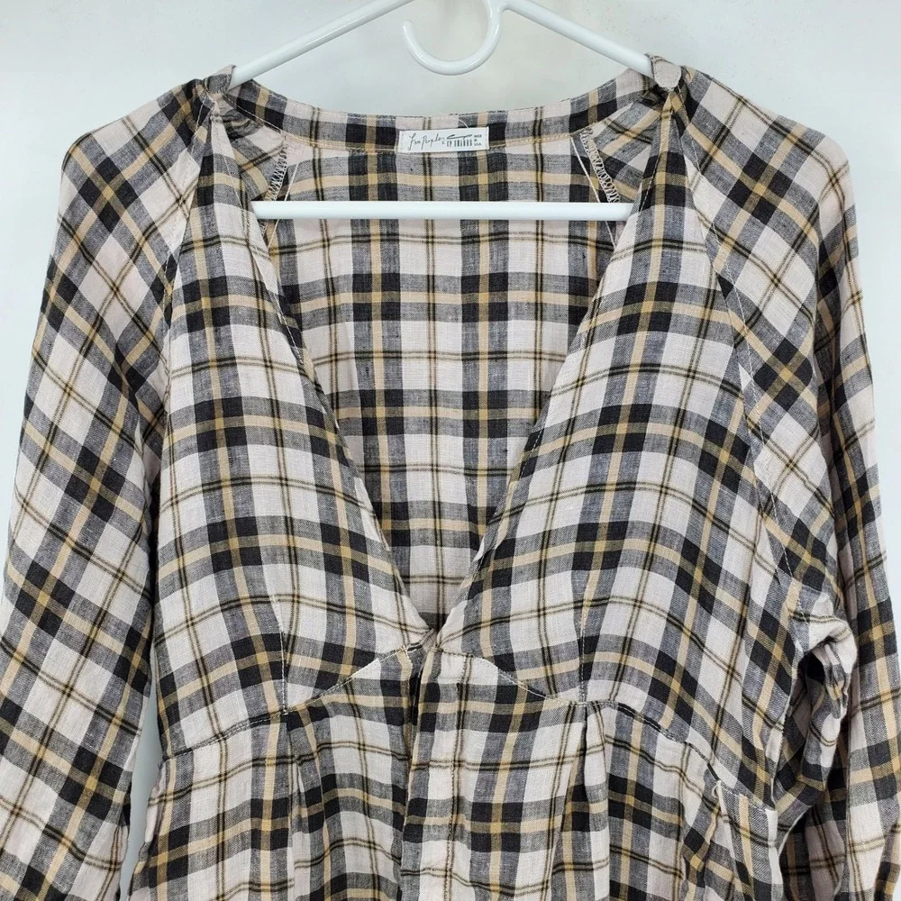 Free People x CP Shades Plaid Linen Mini Dress Tan Black V-Neck Boho Small